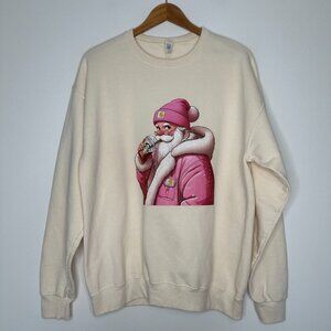 Jerzees Starbucks Santa Sweatshirt Size L Beige Crew neck Cotton Blend